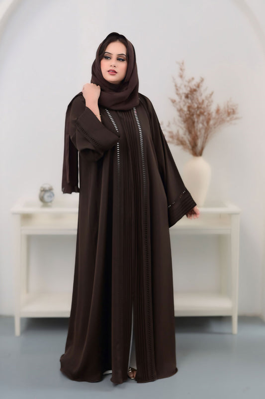 Brown Pleated Abaya with Detailed Lace Inserts