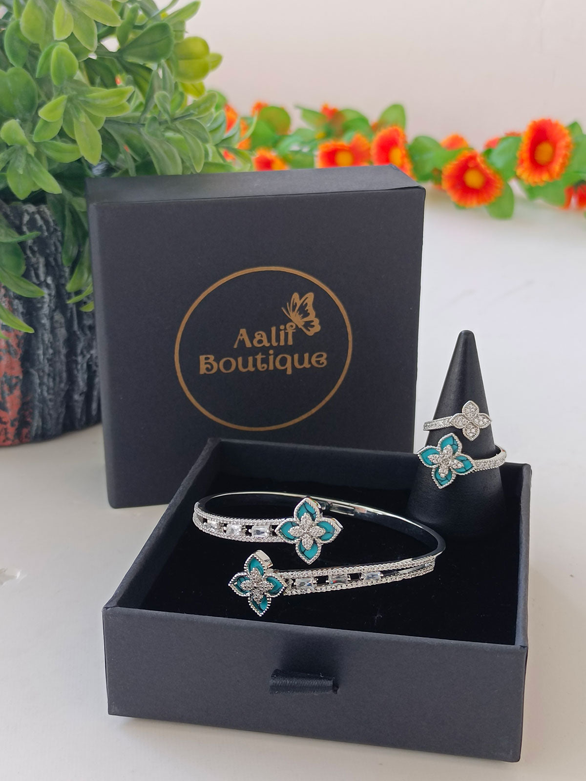 Elegant Clover Design cuff and ring Set - Enamel and Zirconia Accents