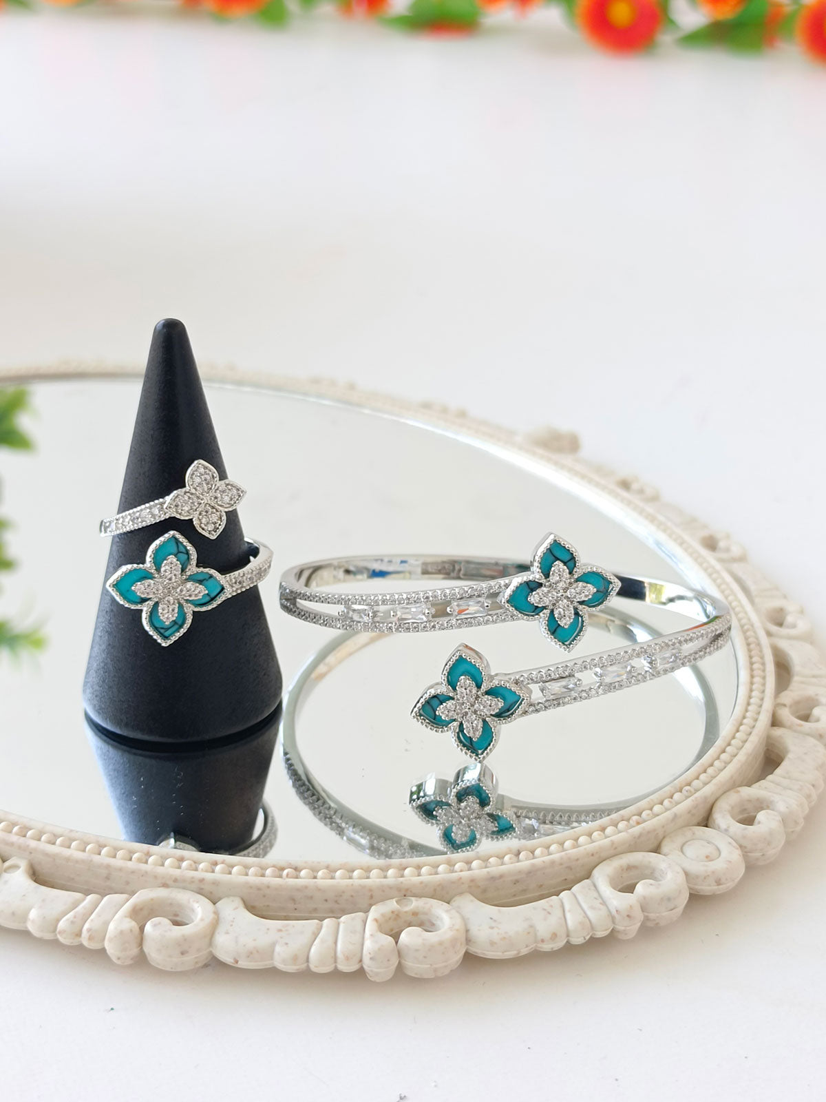 Elegant Clover Design cuff and ring Set - Enamel and Zirconia Accents