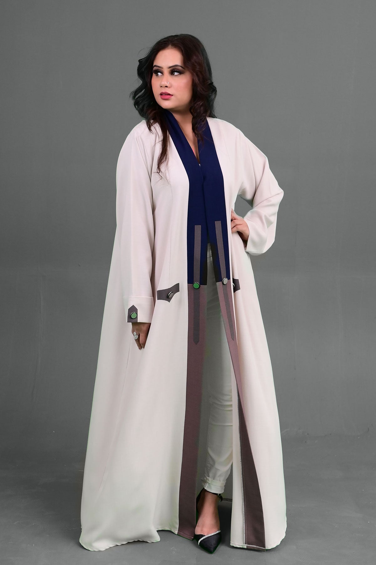 Cream Open Abaya with Navy Accents & Functional Pockets