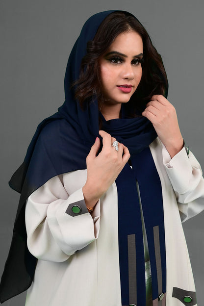 Cream Open Abaya with Navy Accents & Functional Pockets