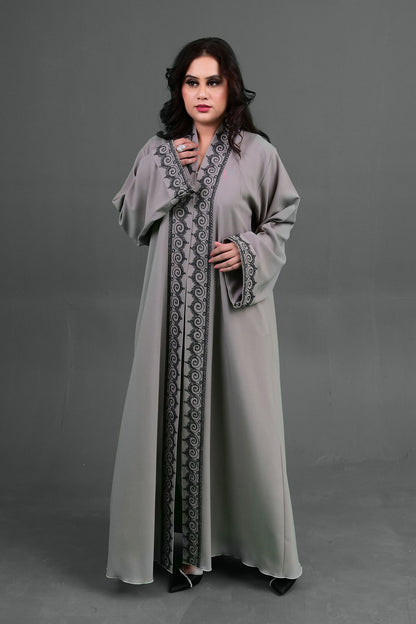 Grey Embroidered Abaya - Elegant Floral Detailing & Modest Design