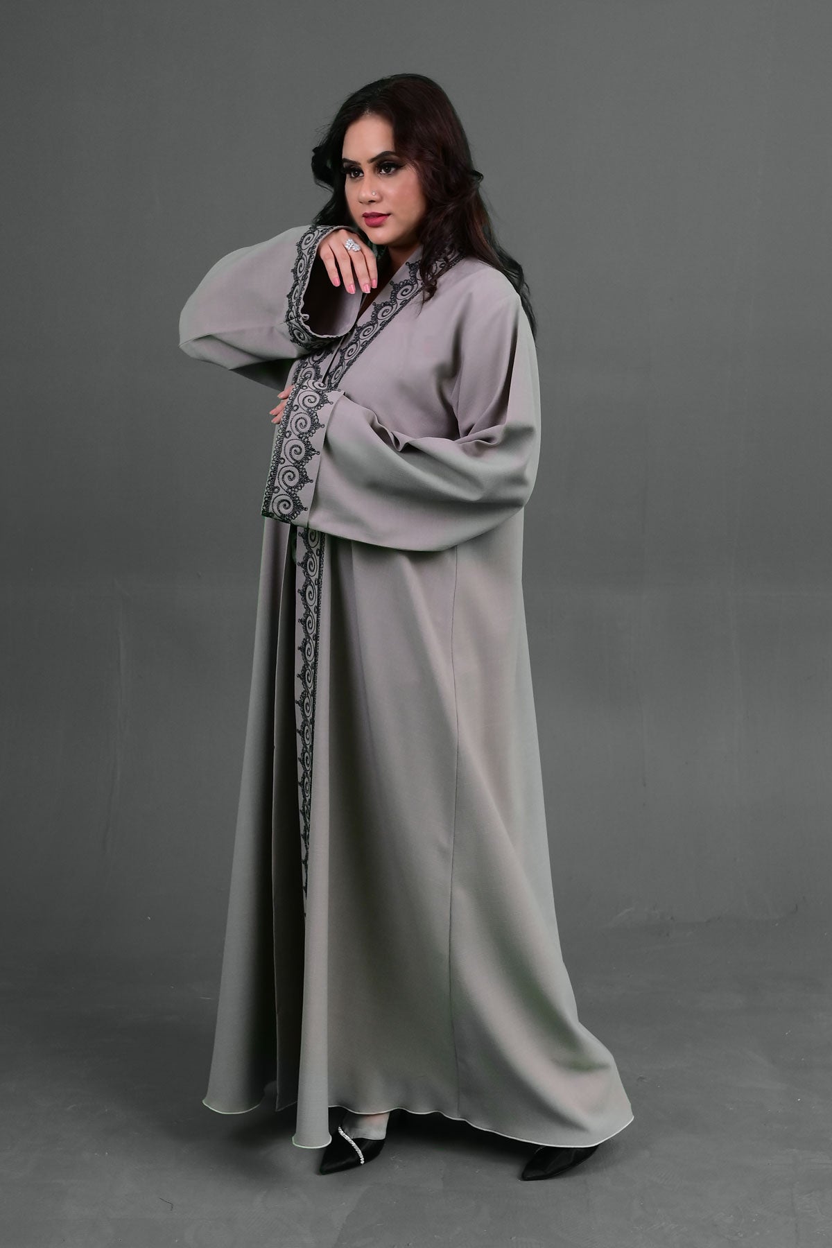 Grey Embroidered Abaya - Elegant Floral Detailing & Modest Design