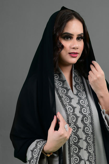 Grey Embroidered Abaya - Elegant Floral Detailing & Modest Design