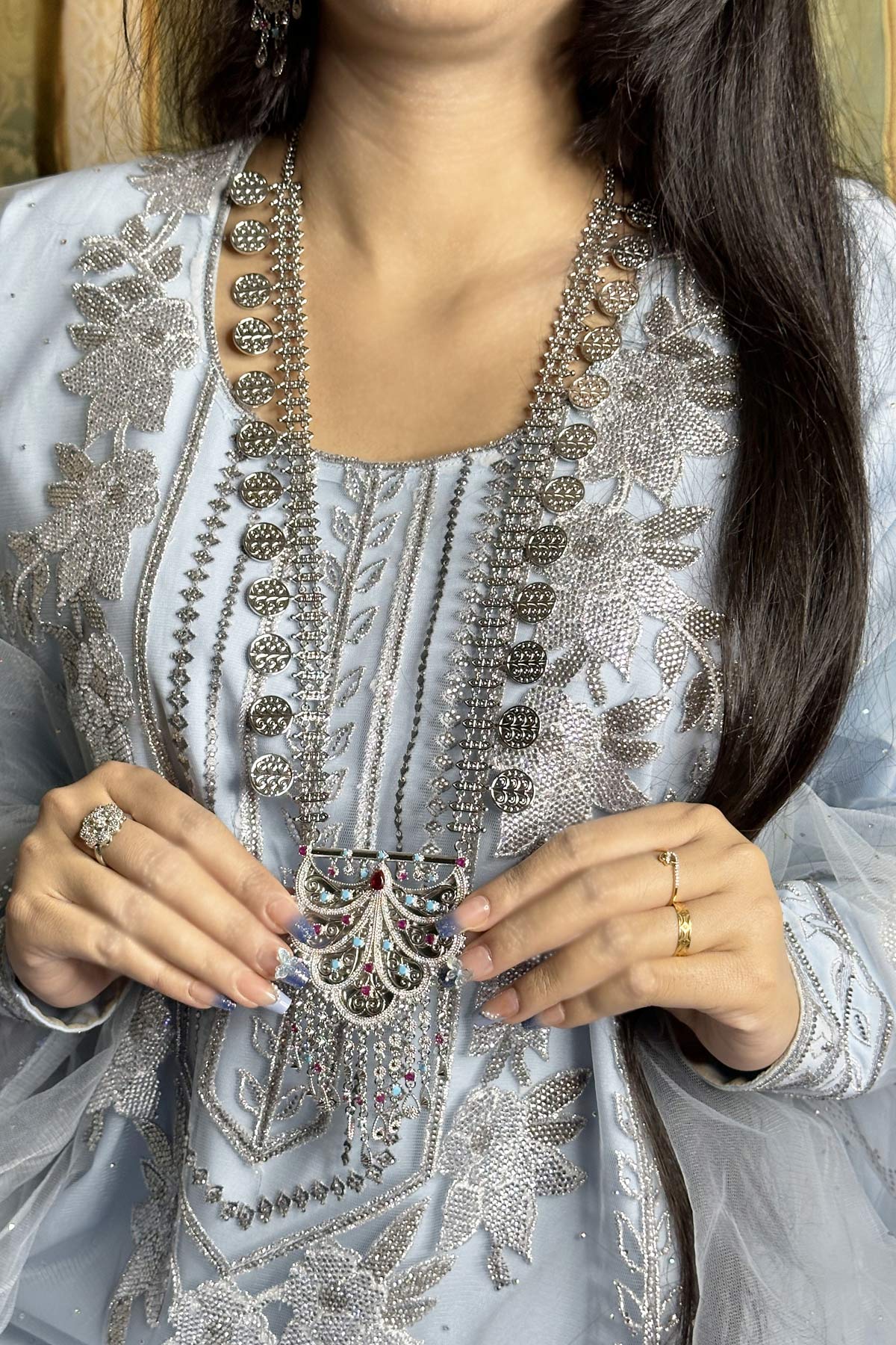 Wafiya Silver Multicolor Hilal Necklace set