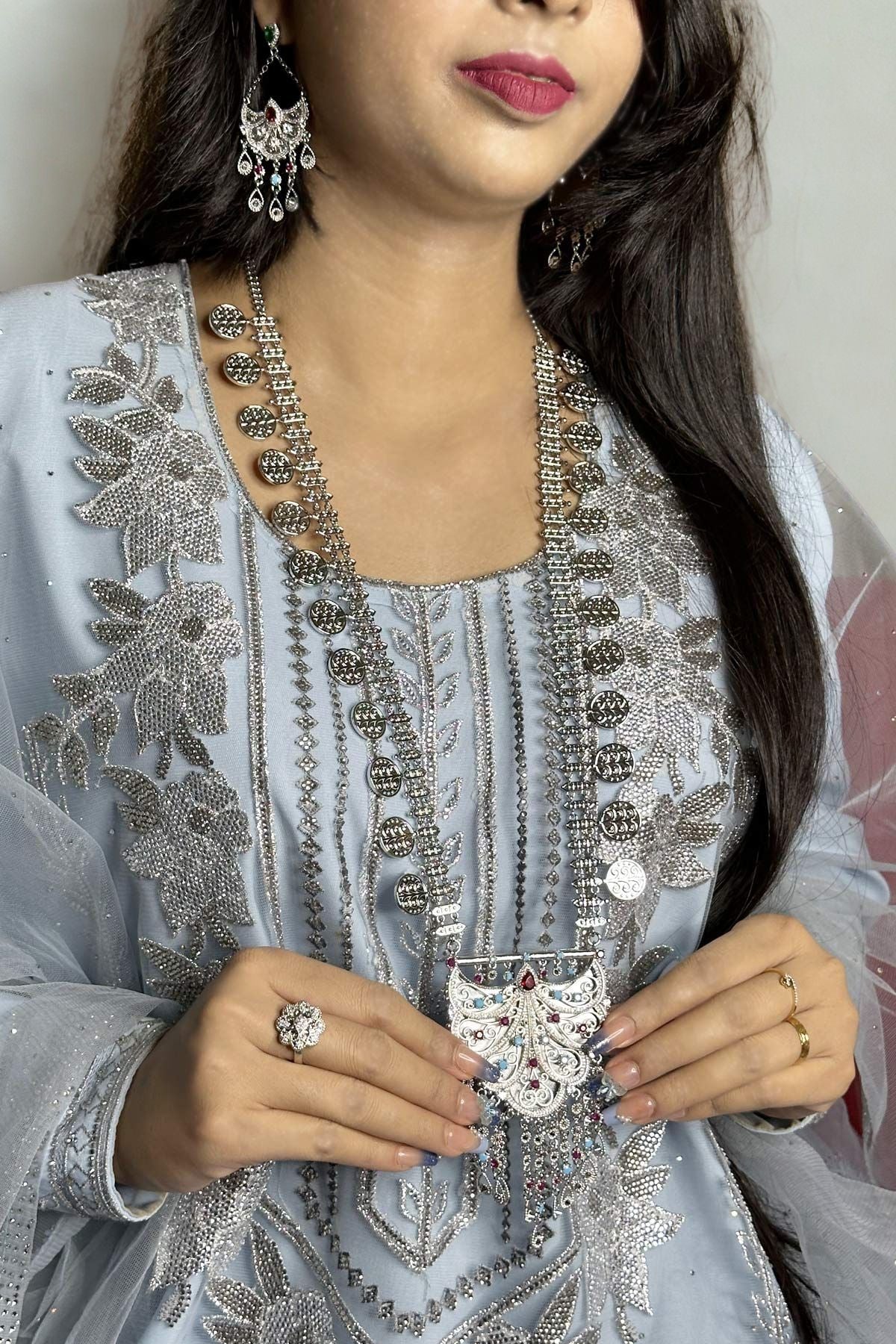 Wafiya Silver Multicolor Hilal Necklace set