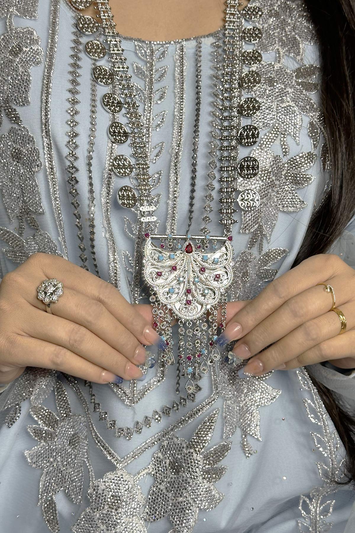 Wafiya Silver Multicolor Hilal Necklace set