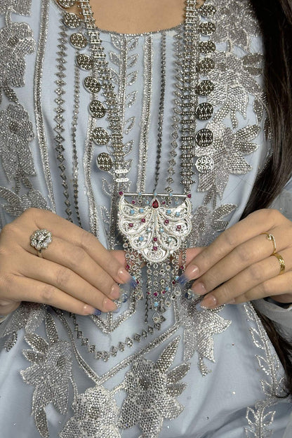 Wafiya Silver Multicolor Hilal Necklace set