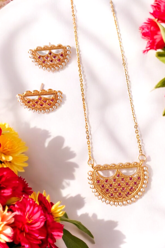 Gold Plated Artificial Necklace and Earring Set with Ruby and Pearl Detailing