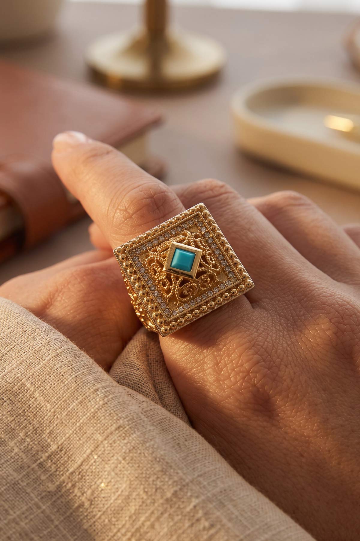 Alia square adjustable ring in turquoise