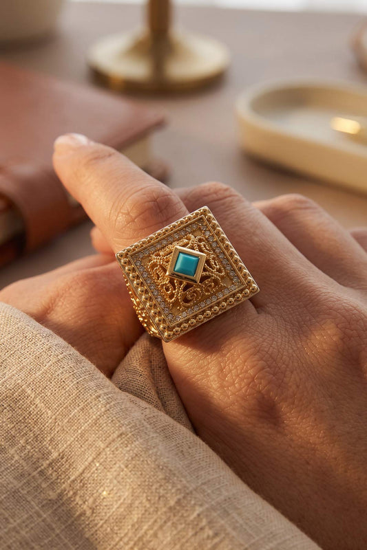 Alia square adjustable ring in turquoise