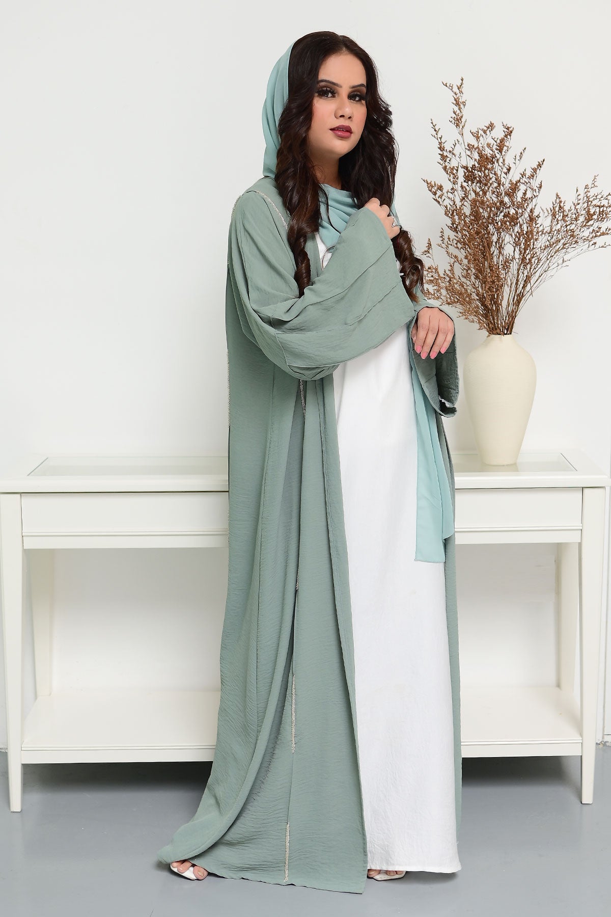 Sage Green beads embellished Open Abaya