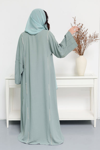 Sage Green beads embellished Open Abaya