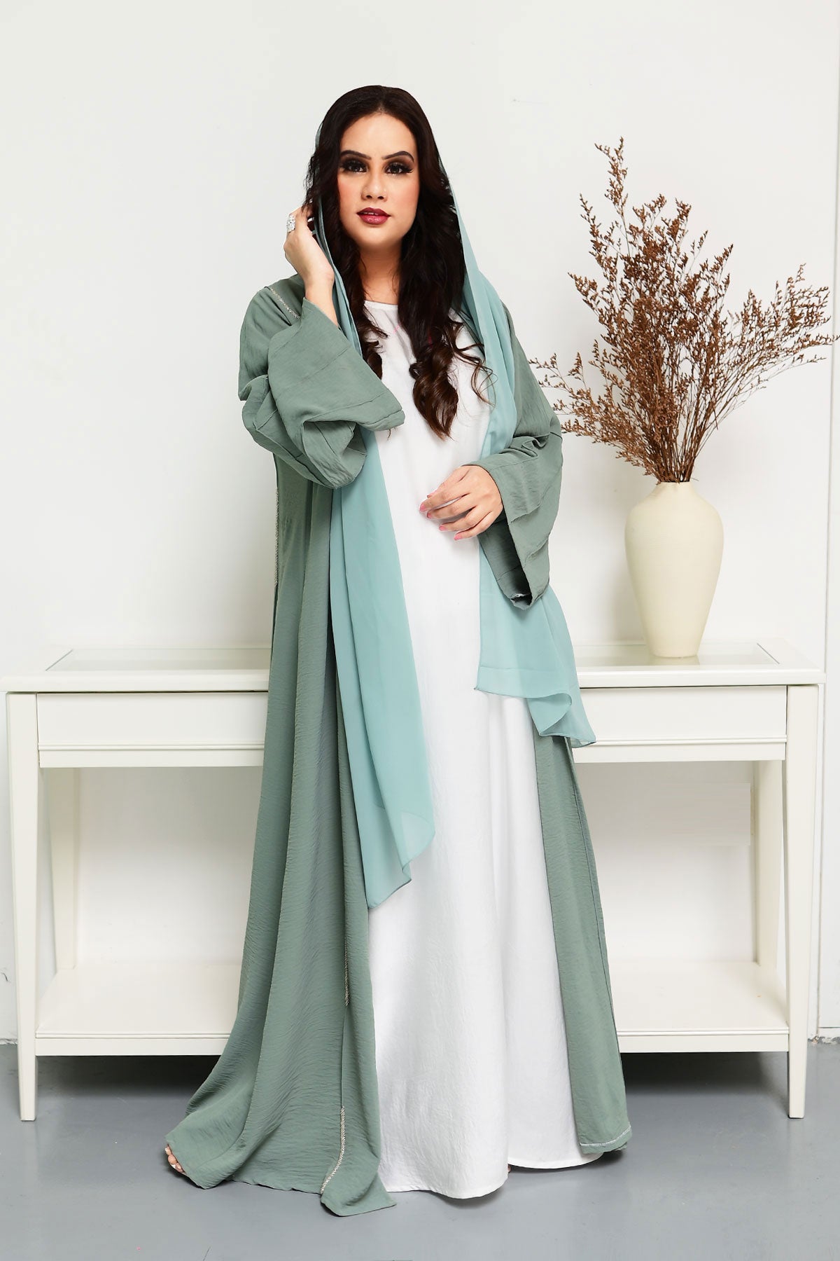 Sage Green beads embellished Open Abaya