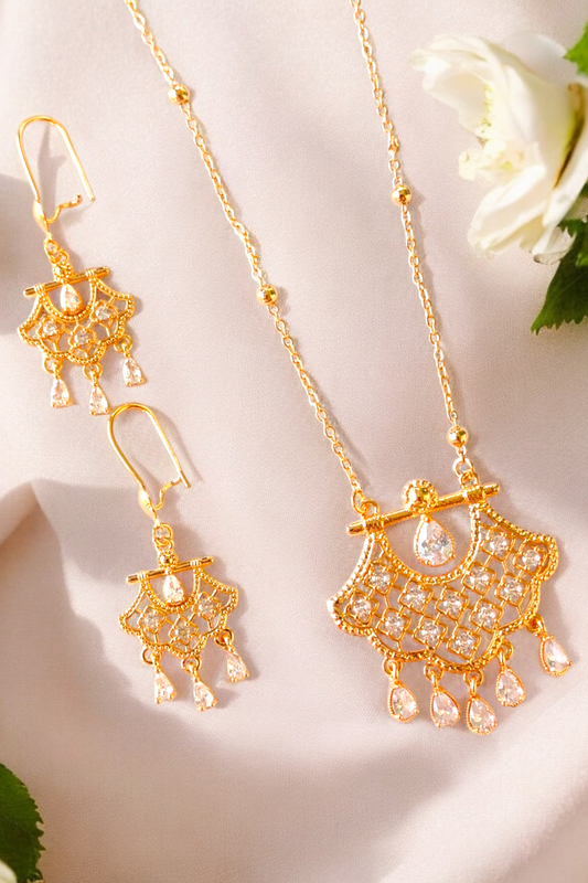 Gold-Plated Necklace and Earring Set with Crystal Drop Accents